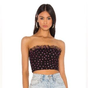 Black going out crop top with pink sparkle hearts & a tulle ruffling at the top